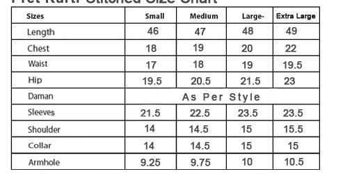 Pakistani Clothes Size Chart